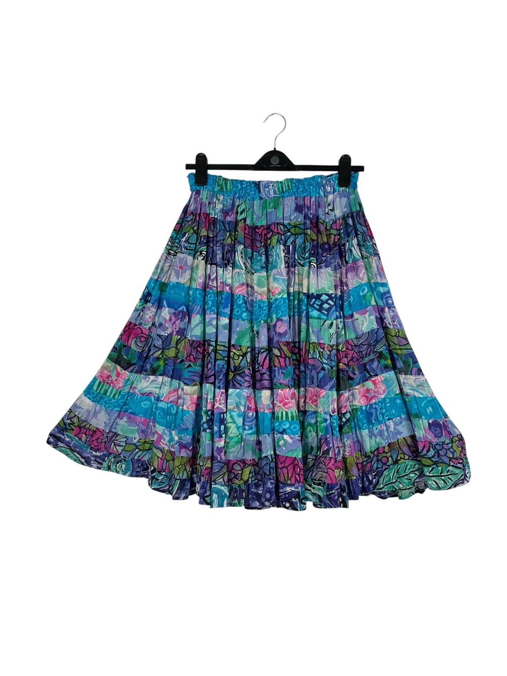 Vintage Boho Gauzy Patchwork Colorful Floral Elastic Waist Midi Skirt One Size